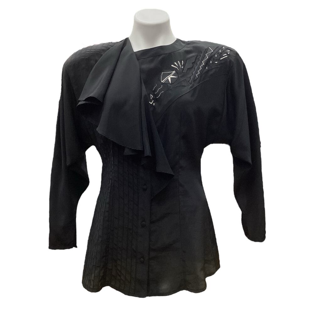 Vintage Suzelle Women’s Top SZ 4 Side Ruffle Half Embroidered Half Pleated Black